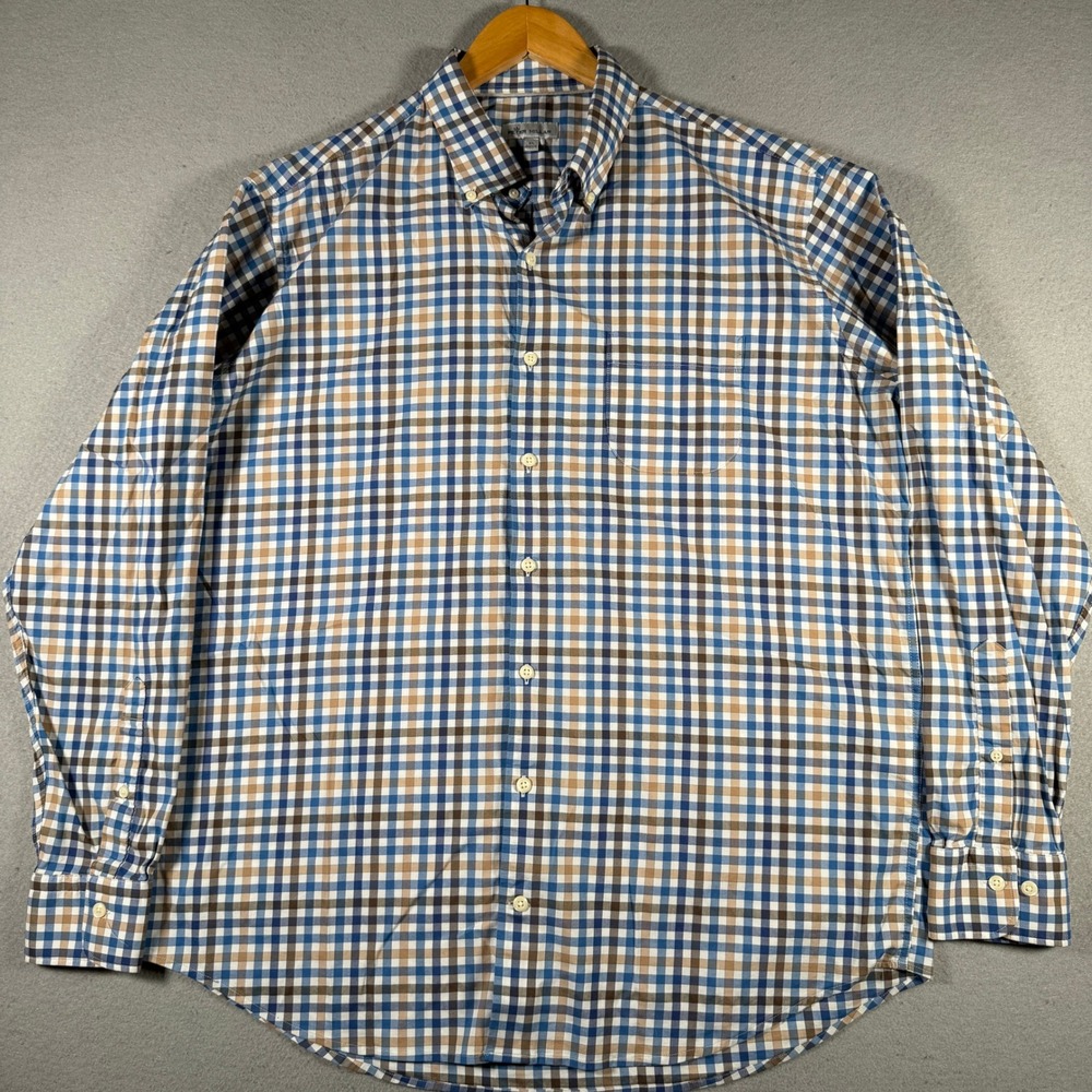 Peter Millar Mens XL Gingham Button Down Shirt Blue Tan MF22W08NBL Stretch